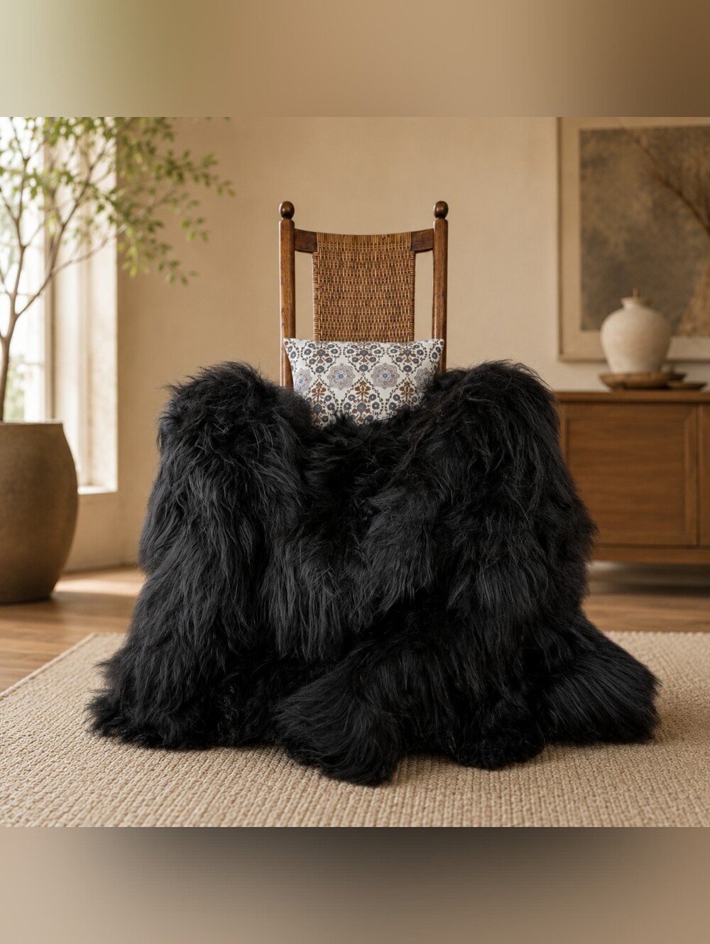Real Icelandic Quad 4′ x 6′ Natural Black Wool Sheepskin Pelt Rug + Fur Throw